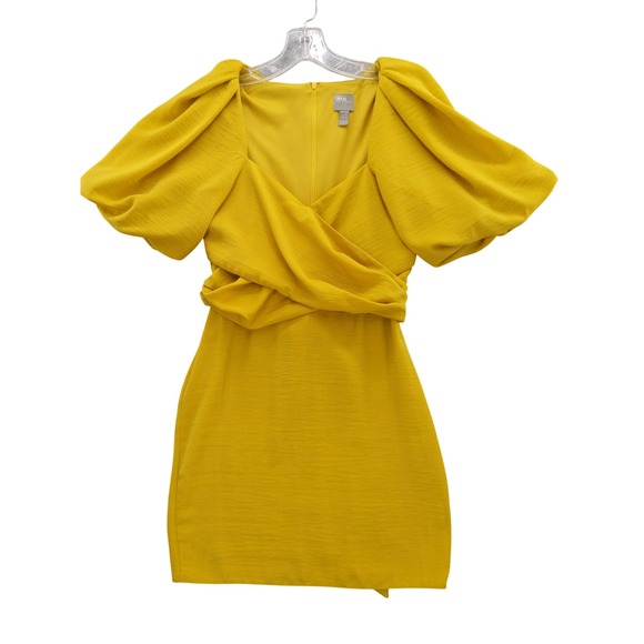 ASOS Dresses & Skirts - ASOS Yellow Mini‎ Dress Puff Sleeve Wrap Bodice Party Cocktail US 2